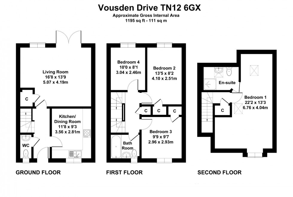 Floorplan for New Build 4 Bedroom 2 Bathroom Semi-Detached House, Vousden Drive, Tonbridge