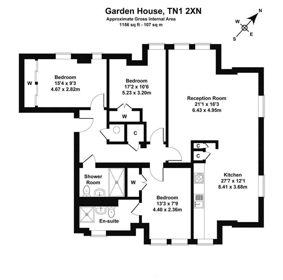 Floorplan for 3 Bedroom 2 Bathroom Apartment with Parking, Calverley Street, Tunbridge Wells