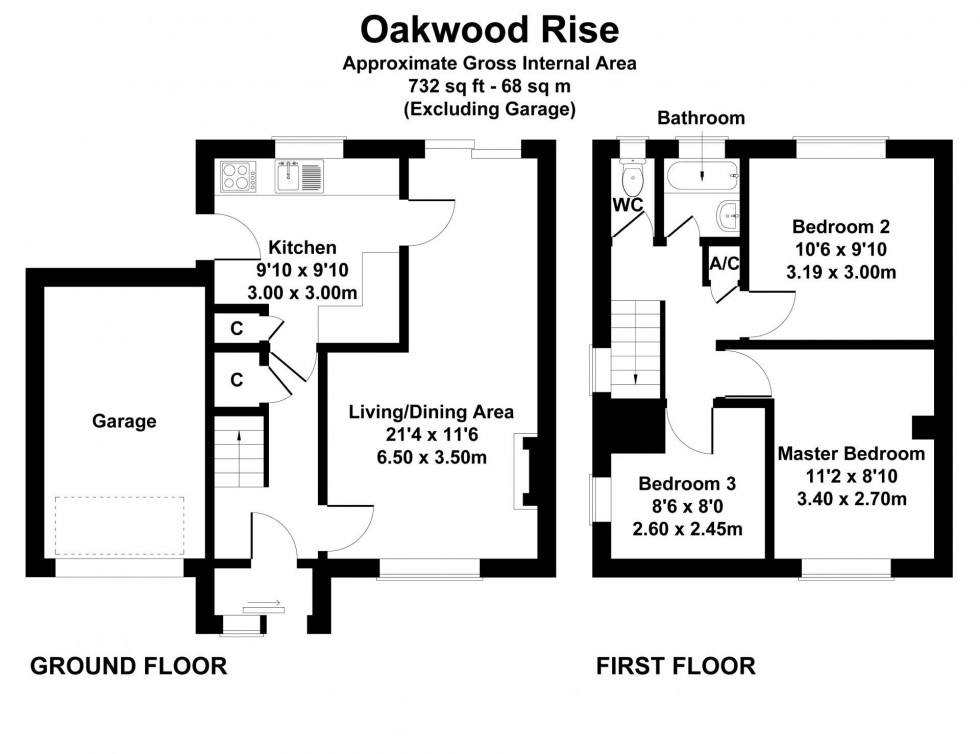 Floorplan for 3 Bedroom Semi-Detached House with Garage and Garden, Oakwood Rise, Tunbridge Wells